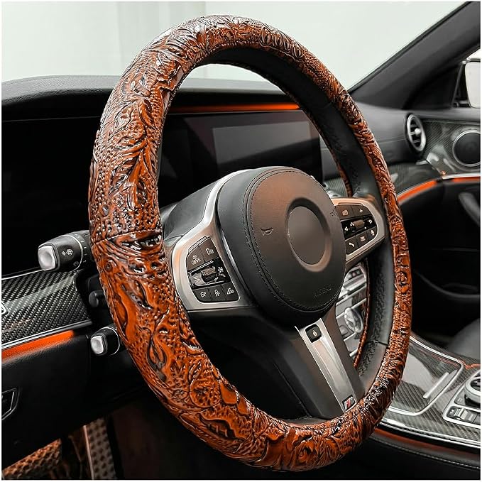 Leather Car Steering Wheel Cover, 15 Inch Anti-Slip Crocodile Pattern Steering Wheel Wrap with Rose Grain, Comfortable Grip Wheels Protector for Cars SUVs Trucks, Car Accessories (Brown)