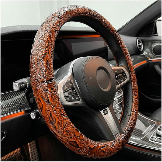 Leather Car Steering Wheel Cover, 15 Inch Anti-Slip Crocodile Pattern Steering Wheel Wrap with Rose Grain, Comfortable Grip Wheels Protector for Cars SUVs Trucks, Car Accessories (Brown)