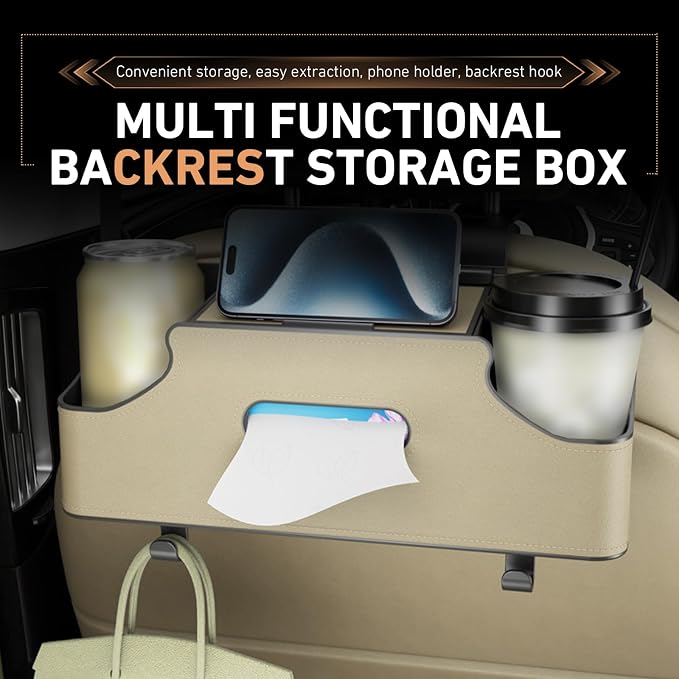 Car Organizer, Car Back Seat Organizer with 2 Drink Cup Holder, Leather Car Storage Box with Tissue Pouch, Multi-functional Behind Seat Storage Case, Universal for Most Vehicles (Beige)