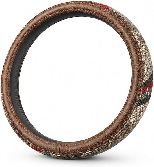 Universal 15inch Ethnic Style Baja Blanket Steering Wheel Cover with Coarse Flax Cloth and Sweat Absorption Anti Slip Car Wrap (Boho Brown leather2)