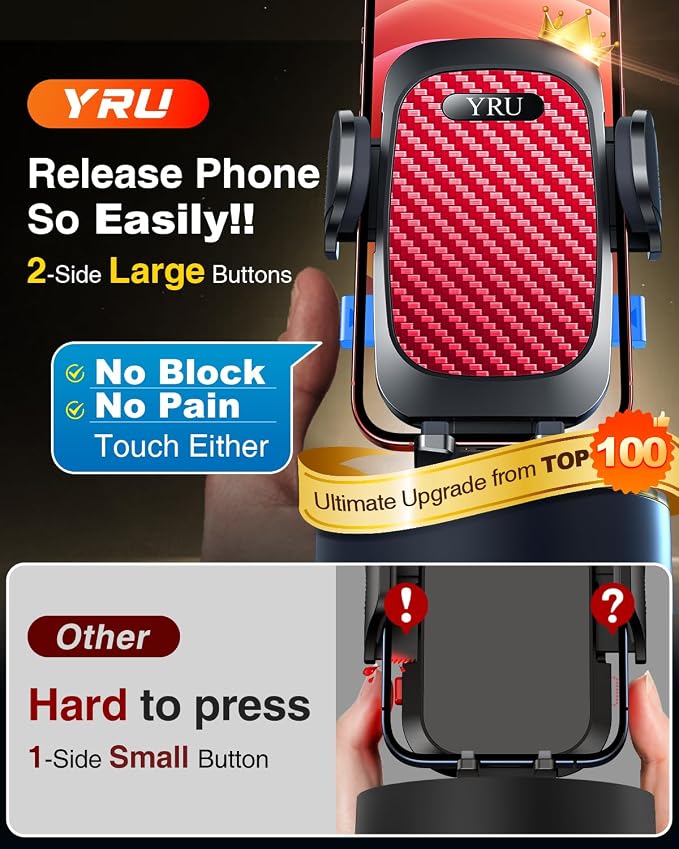 YRU True Military-Grade [360° Rotation Suction] 2026 Ultimate Car Phone Holder Mount【90+LBS Safest Strongest & Patent Certs】 Dash Windshield for iPhone 17 16 Pro Max Speakerphones, Red