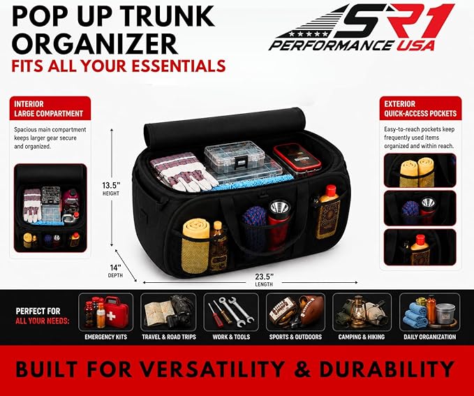 SR1 Performance USA RAM Pop Up Truck Bed & Back Seat Storage Organizer - Expandable Collapsible Cargo Caddy for Dodge RAM 1500, 2500, 3500 & TRX - Black with Logo
