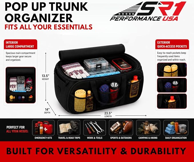 SR1 Performance USA Chevrolet Trunk Organizer - Expandable Pop Up Collapsible Cargo Storage Caddy for Chevy Cars, Trucks & SUVs - Black with Bowtie Logo