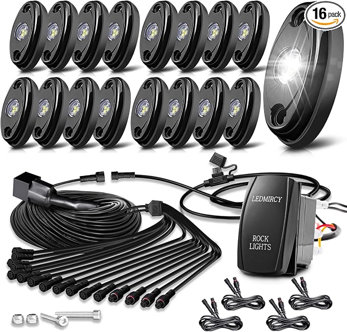White Rock Lights,LEDMIRCY R1 LED Pure White Rock Lights 16PCS with Rocker Switch Wire Harness Kit Super Brigh Luces para Carro for Trucks ATV UTV Off Road Boat High Power Light Waterproof Shockproof