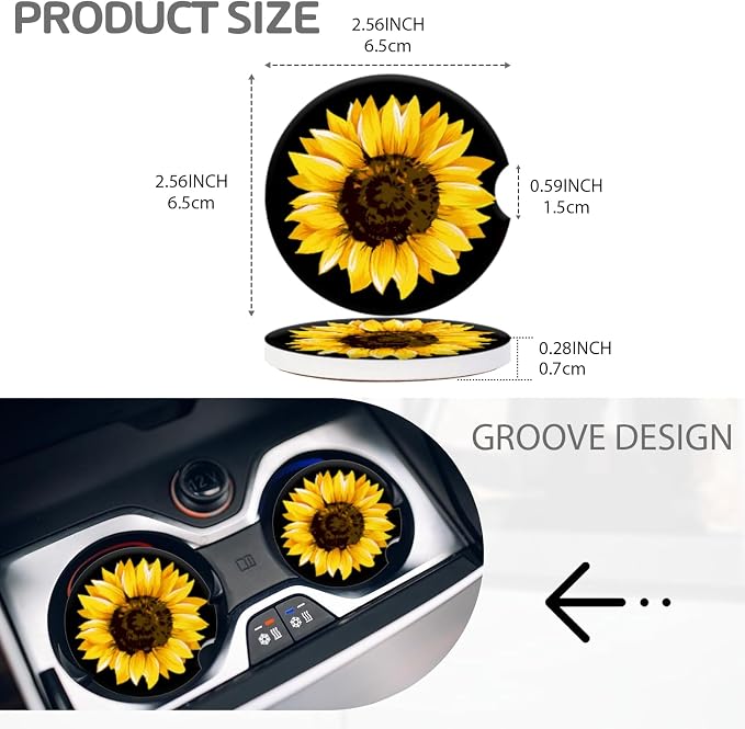 Cup Holder for Car,Elegant Sunflower Close-Up Print Ceramic Coasters Non-Slip Cup Holder Insert with Fingertip Grip, Auto Interior Accessories for Women & Men,Pack of 2, 2.56In