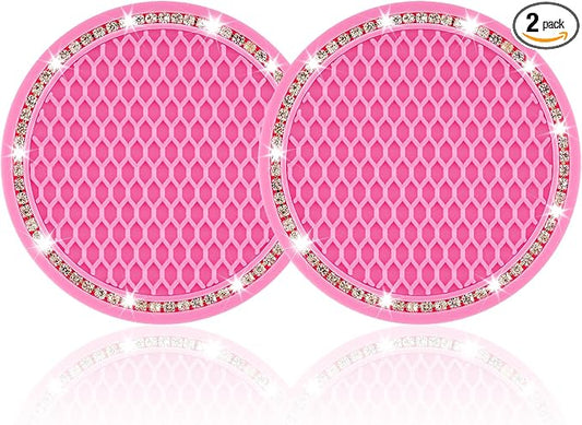 JUSTTOP Car Cup Holder Coaster, 2 Pack Universal Auto Anti Slip Cup Holder Insert Coaster, Bling Crystal Rhinestone Car Interior Accessories-Deep Pink