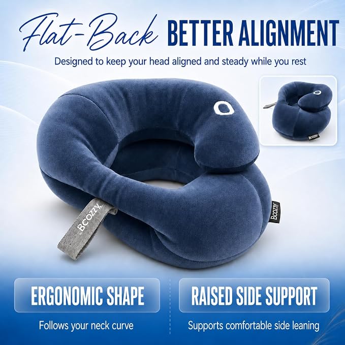 BCOZZY Flat Back Travel Neck Pillow – Patented Neck Pain Relief & Support for Head, Neck, and Chin. Ideal for Airplanes, Long Flights, Car Rides. Adjustable, Washable, with Carry Bag. Large, Navy