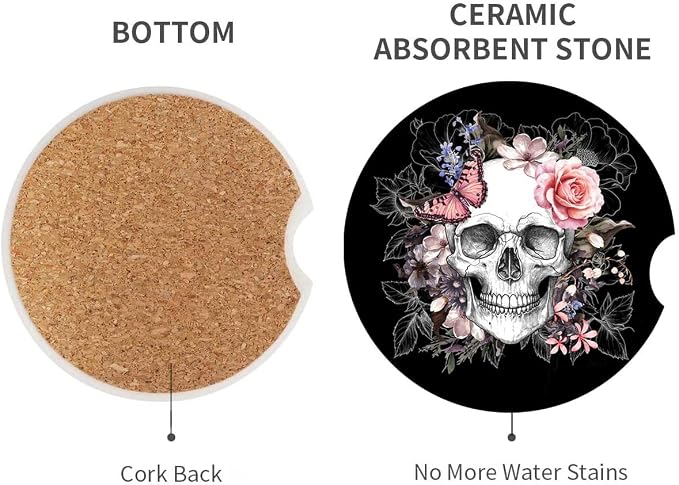 Britimes Car Coasters for Drinks Absorbent, 2 Pack Cup Holders, 2.56" Ceramic Stone & Non-Scratch Cork Base Coasters Cupholder, Auto Accessories for Women & Men, Skull Flowers Vintage Rose Floral