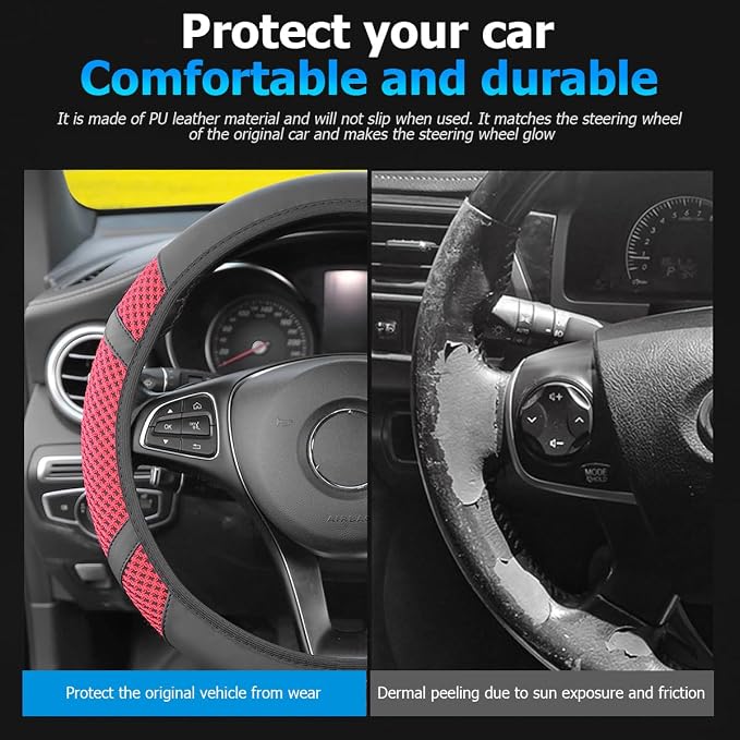 Car Steering Wheel Cover, Elastic Stretch Breathable Leather Vehicle Steering Wheel Protector, Automotive Interior Protective Accessories, Universal for SUV RV Truck (Red)