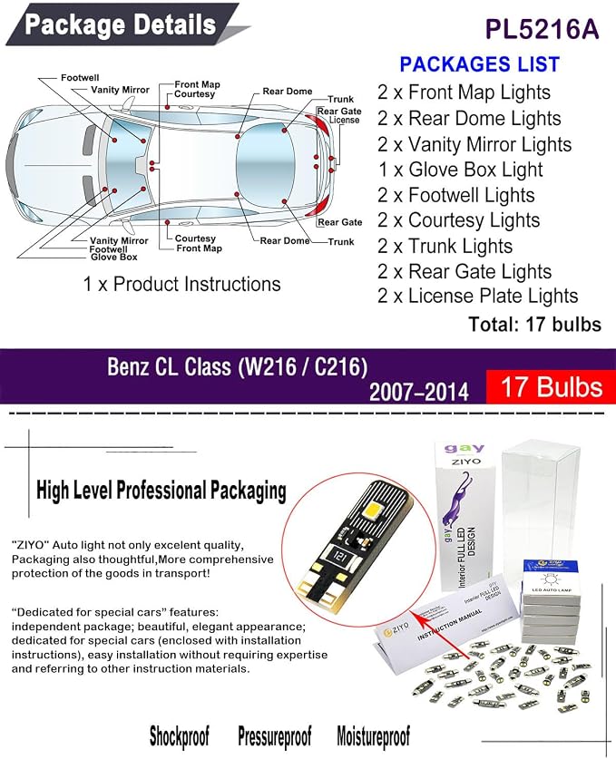 PL5216A LED Interior Light kit for Mercedes Benz CL Class C216 2007-2014, 6000K White Dome Lights Accessories Replacement Package, LED Light Bulbs Upgrade (17 Bulbs)
