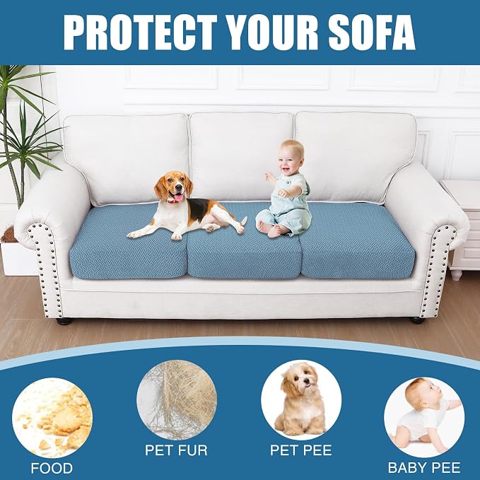 Smiry Waterproof Couch Cushion Covers, Stretch Jacquard Thick Sofa Cushion Covers, Washable Seat Slipcover Elastic Furniture Protector for Pets, Kid (3PC, Blue)