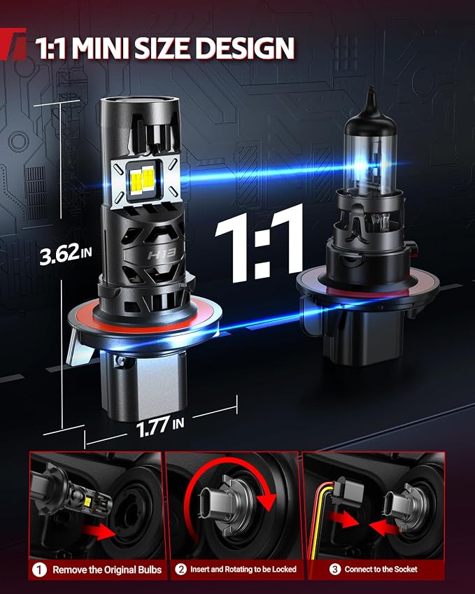 Torchbeam T5A H13 Light Bulbs, H13/9008 Fog Light 60000LM Brighter with 25000RPM Dual Fan, 6500K Cool White, 1:1 Size, 3 Min Install, 80000+ Hours, Plug-N-Play, IP68, Pack of 2