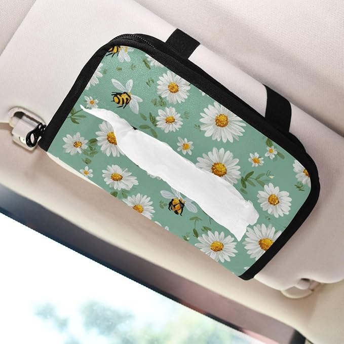Car Tissue Holder Car Napkin Holder Car Tissue Box Dispenser Storage Case Sun Visor Mask Holder with Adjustable Straps Reusable Refillable Mint Green Daisy Flowers and Bees