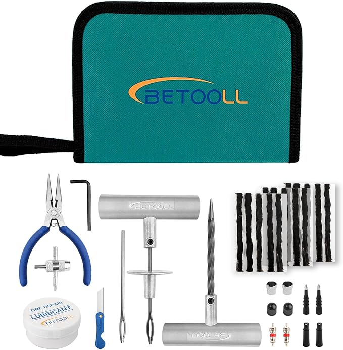 BETOOLL Tire Repair Kit, 35 Pcs Professional Heavy Duty Universal Emergency Flat Tire Repair Kit to Fix Punctures, for car Motorcycle, Truck, Golf Cart, ATV, Tractor, ARB, RV, SUV, Trailer etc.