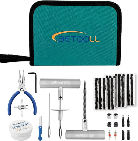 BETOOLL Tire Repair Kit, 35 Pcs Professional Heavy Duty Universal Emergency Flat Tire Repair Kit to Fix Punctures, for car Motorcycle, Truck, Golf Cart, ATV, Tractor, ARB, RV, SUV, Trailer etc.