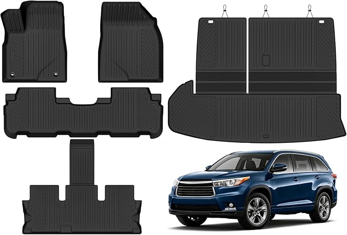 Custom Fit Floor Mats for 2014-2019 Toyota Highlander | All Weather TPE Floor Liners with Trunk Mat | Odorless Interior Accessories