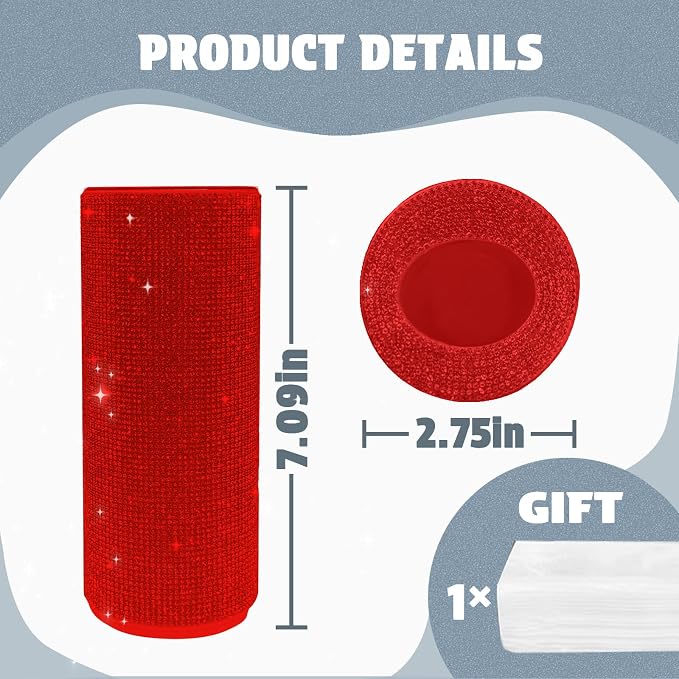 Bling Car Tissue Holder for Cup Holder – Sparkly Rhinestone Round Tissue Dispenser with 1 Pack Tissues – Fits Standard Auto Cup Holders – Stylish Car Interior Accessory for Women(RED)
