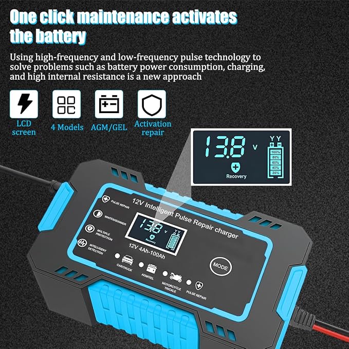 Car Battery Charger, 12V 6A Smart Fully Trickle Vehicle Battery Charger & Desulfator with Temperature Compensation, Portable Automotive Power Maintainer, Universal Fit (Blue)