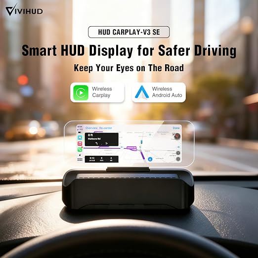 VIVIHUD V3-SE Wireless CarPlay Android Car HUD Head-Up Display Cluster Screen HD Display Bluetooth OBD2 GPS Speedometer Plug and Play Smart Automatic Brightness
