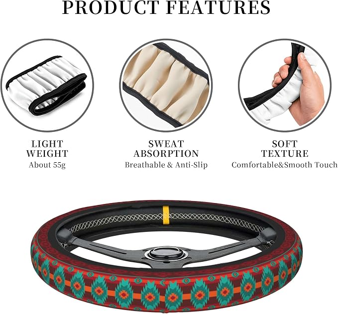 Red Southwestern Steering Wheel Cover for Women Men Girls, Universal 15 Inch Anti Slip Steering Wheel Protector Car Accessories Interior for Auto Truck SUV
