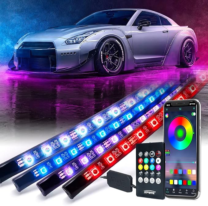 Xprite 4Pcs Underglow LED Lights for Cars, 8 Color RGB 252 LEDs Sound Active Function Music Mode Underglow Kit, Bluetooth APP & Remote Control, Waterproof Underbody Neon Strip Light for Car SUV Truck