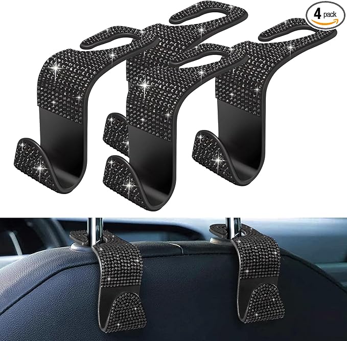 4 Pack Blink Diamond Car Seat Headrest Hooks Crystal Rhinestone Car Purse Holder Universal Interior Accessories for Handbags, Water Bottles, Coats, Umbrellas, Black