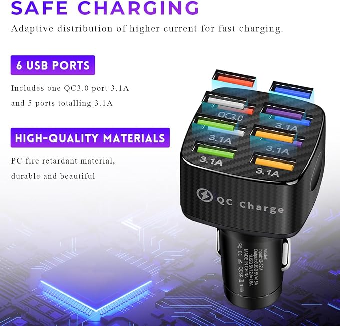 Wevdn Car Charger Adapter, 6 USB Multi Port Fast Charging Cigarette Lighter Charger Adapter, Car Fast Charger Include QC 3.0 and 5 Other Ports for Most Cell Phones, Car Accessories (Black)