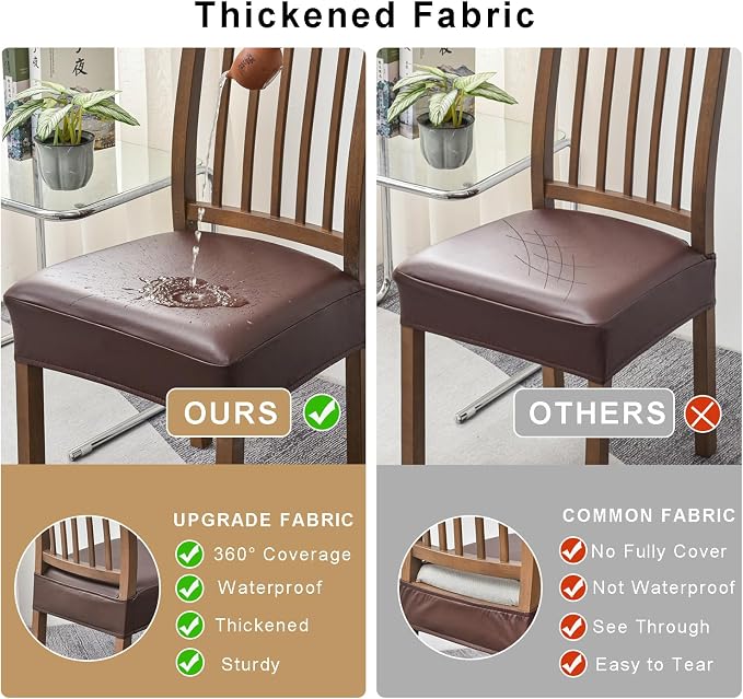 NILUOH Waterproof Seat Covers for Dining Room Chairs Set of 4, Pu Leather Chair Seat Slipcovers Dining Chair Cover Removable Washable Chair Protctor Cover, Rear Covers (PU-Coffee)
