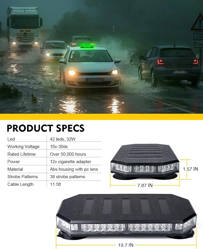 LUMENIX 42 LED Green Rooftop Strobe Beacon Light Bar with Controller | Magnetic Mount Hazard Caution Warning Light for Tow Trucks, Snowplows, Work Cars, Utility Vehicles, Patent Design