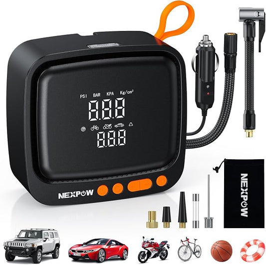 NEXPOW Tire Inflator Portable Air Compressor, 150PSI 12V DC, Orange | Dual Digital Pressure Gauge, Auto Shut-Off, LED Light, For Car, Motorcycle, Bicycle, Ball