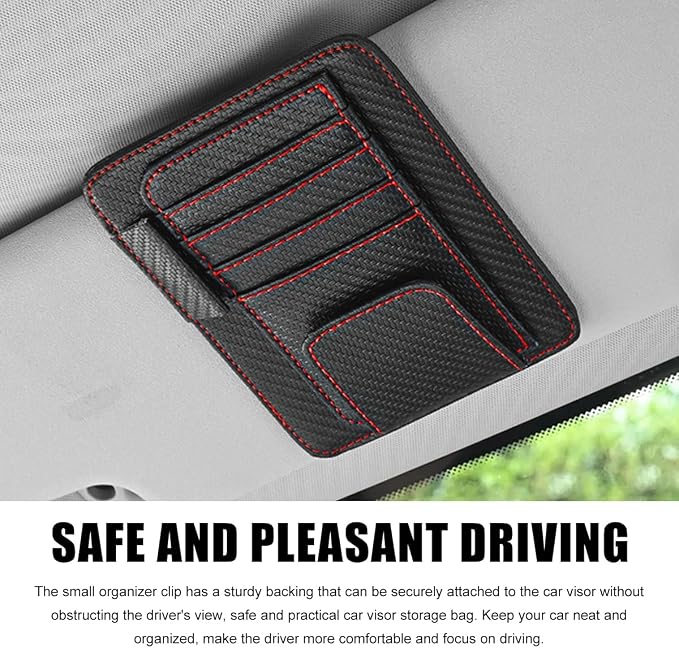 povtii Car Sun Visor Organizer, Multifunctional Vehicle Sun Visor Folder with Sunglasses Clip, Universal Interior Car Accessories (Red Carbon Fiber)