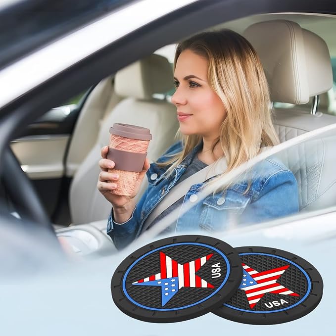 AUCELI 2 Pack Car Cup Holder Coasters, Colored American Flag US Flag Insert Car Cup Coaster, 2.75 Inch Anti Slip Shockproof Embedded Drink Mat, Vehicle Interior Decor Accessories
