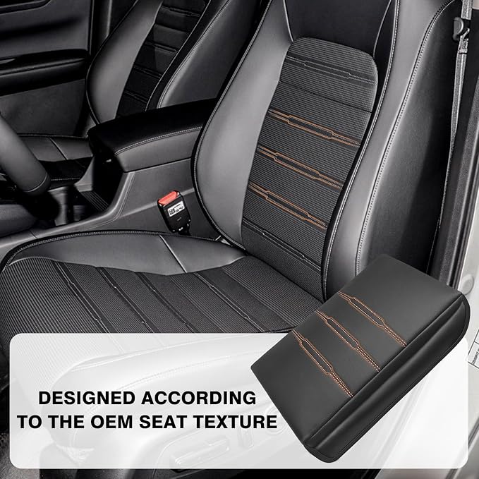 Muslogy Center Console Armrest Cover Fit for Honda CR-V 2023+ & CRV Hybrid Accessories, Comfort Armrest Pad Console Lid Cushion Vegan Leather 1-Inch Extra Thick (Black/Organge Trim)