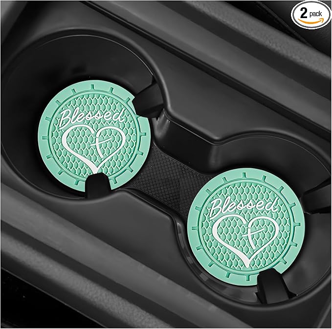 4 PCS Car Cup Holder Coaster, 2.76 Inch Soft PVC Non-Slip Blessed Cross and Heart Christian Car Cup Coasters, Auto Interior Shockproof Insert Drink Mat for Most Vehicles (Green)