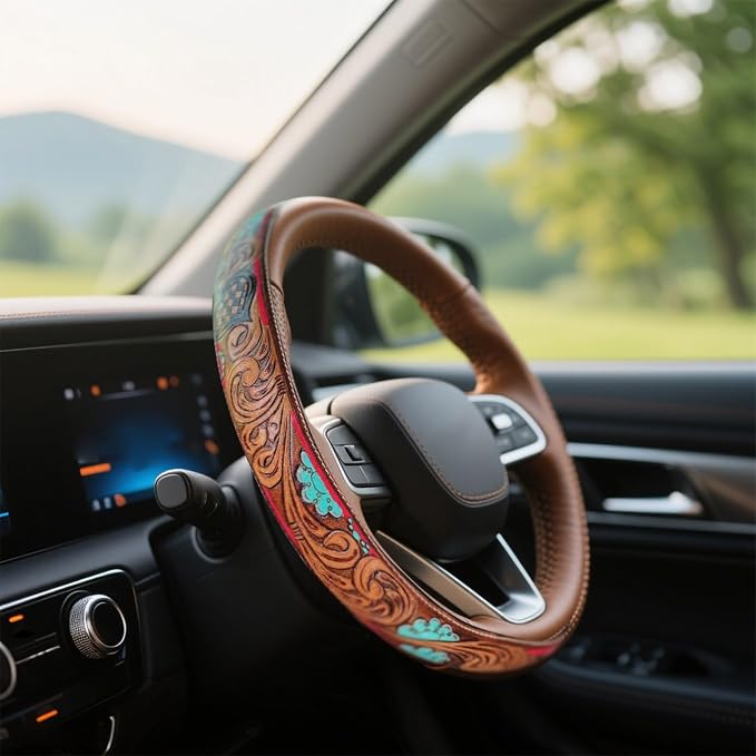Western Cowboy Steering Wheel Cover - Retro Tooled Leather, Embossed Hand-Painted Design, Universal 15 Inch Anti-Slip Cover for SUV, Truck, Car, Breathable All-Weather, Easy to Install (Style-D)