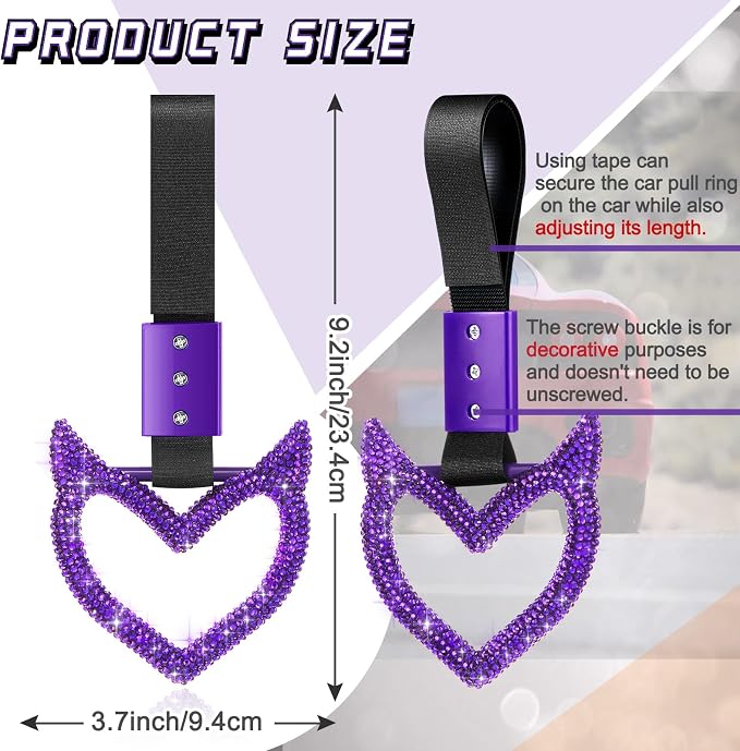 Fabbay Bling Car Accessories Bling Heart Handle Ring Car Accessory for Women Heart Hand Strap Drift Charm Rear Bumper Warning Ring Decor for auto Bus Interior Exterior Decoration(Purple,Devil Style)