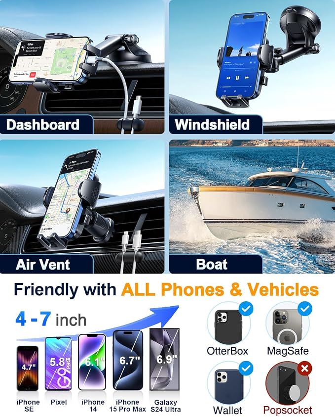 YRU True Military-Grade [360° Rotation Suction] 2026 Ultimate Car Phone Holder Mount【90+LBS Safest Strongest & Patent Certs】 Dash Windshield for iPhone 17 16 Pro Max Speakerphones, Red