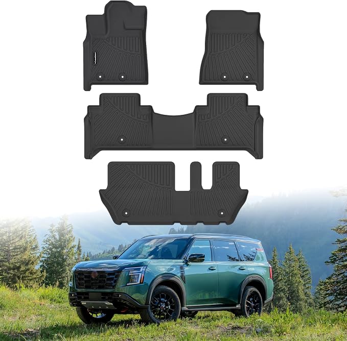 All Weather Car Floor Mats for 2025 2026 Nissan Armada/Infiniti QX80 8 Seats, TPE Rubber Floor Liners Anti-Slip Full Set Automotive Mats for 2025 2026 Nissan Armada Accessories