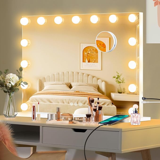 Moonee Vanity Mirror with Lights, Hollywood Lighted Makeup Mirror with 15 Dimmable Bulbs and 10X Magnification, 3 Colors Modes, Light Up Mirror, Gifts for Women, Girls,Dorm Room Essentials（23" x 18"）