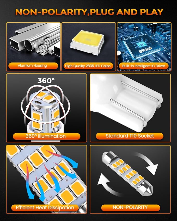 BANGO 24 Pieces Car LED Interior Light Bulbs, Non-Polarity Design with Removal Tool, Suitable for Car Dome Map Door Trunk License Plate Lights, Etc. (Amber Yellow)