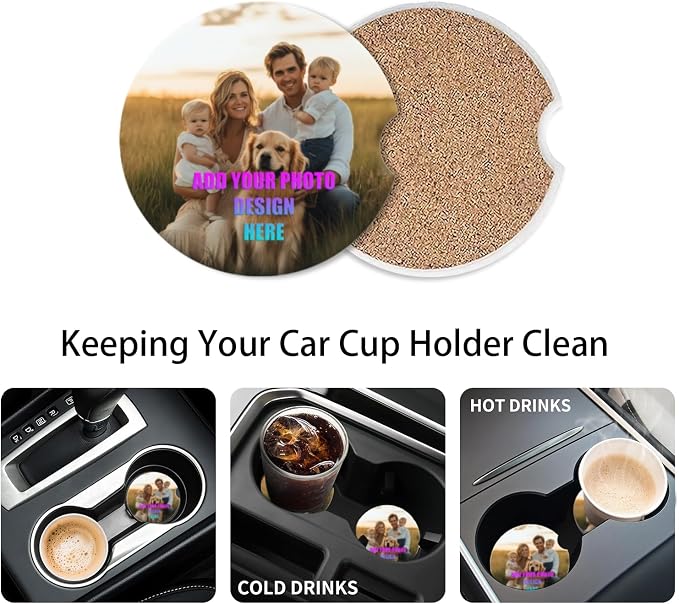 Personlized Cup Holder for Car,Upload Your Design/Logo/Photo Here. Ceramic Coasters Non-Slip Cup Holder Insert with Fingertip Grip, Auto Interior Accessories for Women & Men,Pack of 2, 2.56In