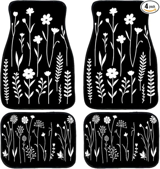 Botanical Car Floor Mats Set of 4 Black White Minimalist Floral Silhouette Automotive Foot Mats Rugs Carpet for Car Non-Slip Auto Car Accessories Universal Fit Car Accessories for Truck