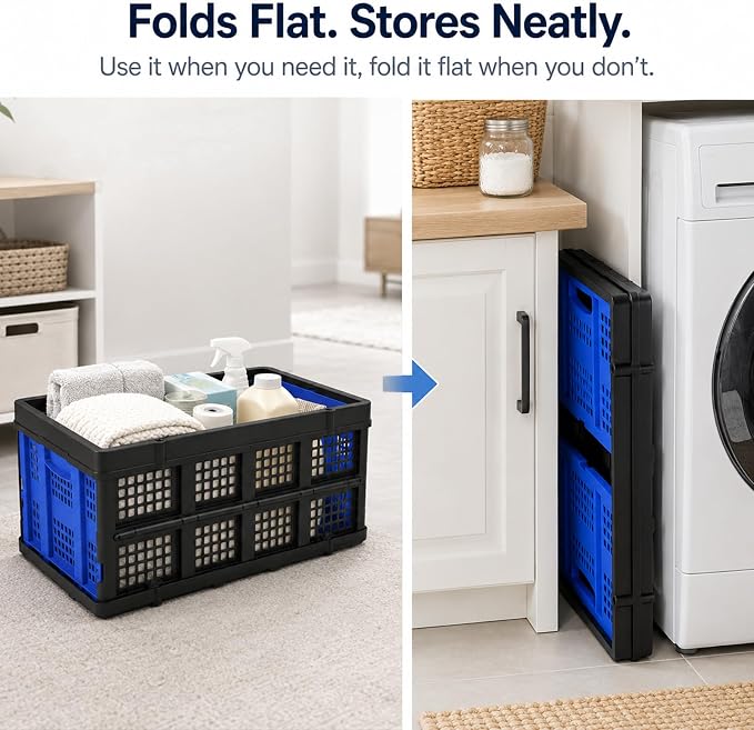 Collapsible Storage Crates 3 Pack, Stackable Foldable Storage Bins for Garage, Car Trunk, Warehouse & Home Organization, Heavy Duty Plastic Utility Crates, 49L, Blue