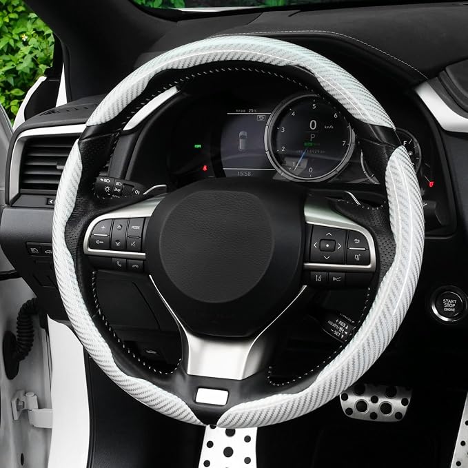 Amiss 3pcs Carbon Fiber Anti-Skid Steering Wheel Cover, Waterproof Design, Universal Fit for 14-16 Inch Car Wheel Cover, Interior Car Accessories for Jeeps, SUVs, Trucks (Glossy White)
