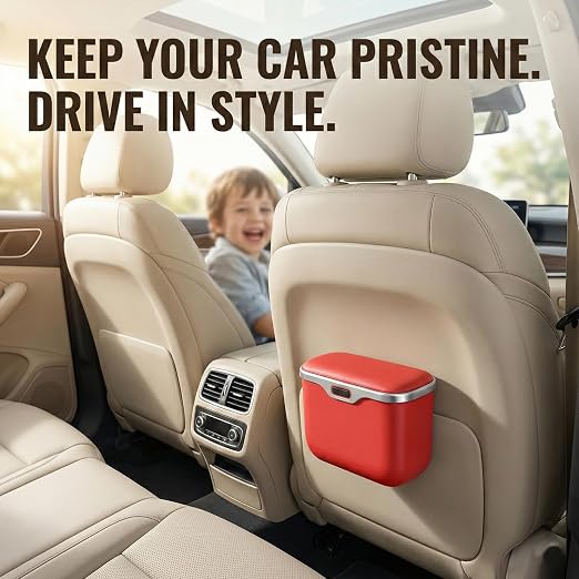 Hanging Car Trash Can, Leakproof Garbage Bin with Lid, Red | ABS Construction, Clip-On Door/Back Seat Pocket Mount, Waterproof Liner, Push-Top Opening, For Suvs, Trucks, Sedans, Vans