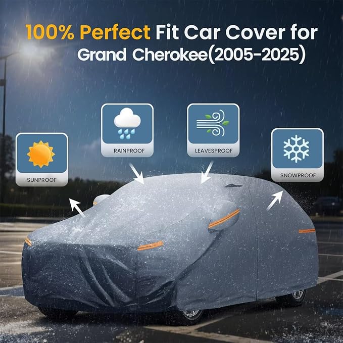 Waterproof Grand Cherokee(2005-2026) Car Cover with Breathable Vents, [Upgrade] Premium Covers with Cotton Liner and Zipper Door, Sun Rain Snow Dust Uv Protection.(Gift with Towel)