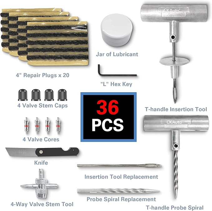 CKAuto Universal Tire Repair Kit, Professional Heavy Duty Emergency Tool | for Flat Tire Puncture Repair, 36-Piece Value Pack, Tire Plug Kit for Cars, SUVs, Motorcycles, Trucks, RVs, and More