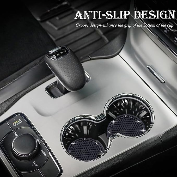 4PCS Bling Cup Holder Coaster, 2.75 Inch Auto Car Cup Holder Insert Coasters, Soft Silicone Anti-Slip Shockproof, Universal Vehicle Interior Accessories for Women Girls (Black)