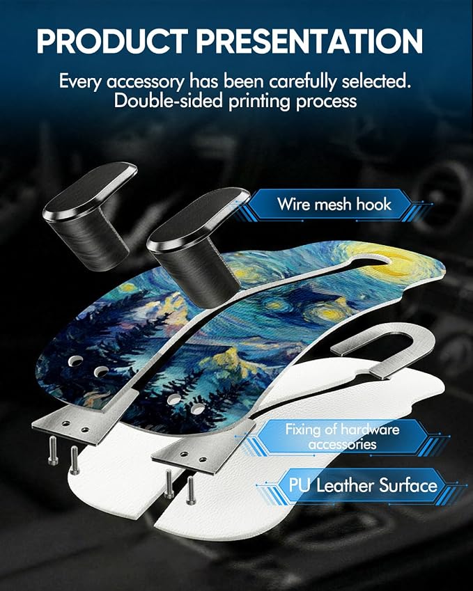 WOCOCN Purse Holder for Car, 2 Pack Heavy Duty Purse Hanger for Car, PU Leather Car Seat Hooks for Purses and Bags, Cute Starry Sky Mountain Headrest Organizer for Handbags & Backpacks