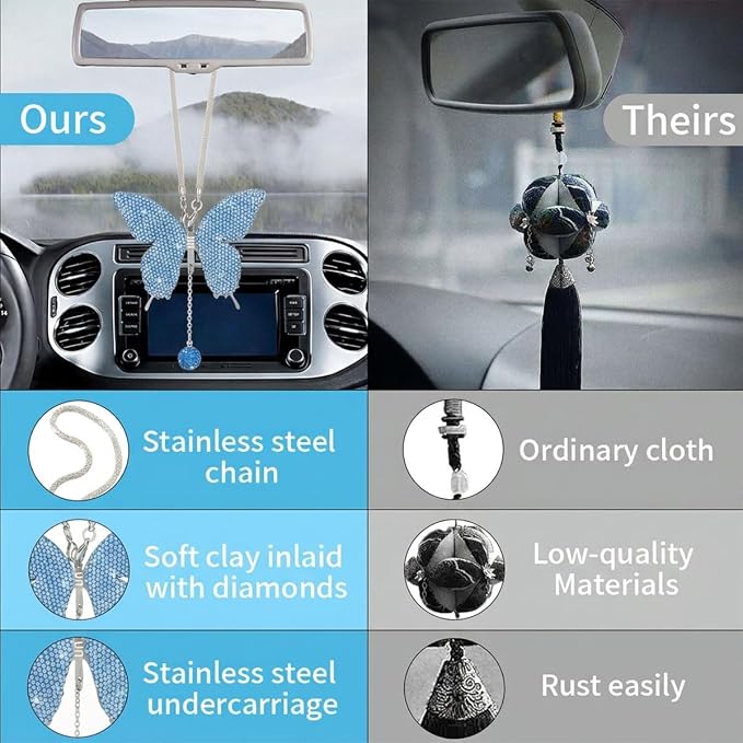 JOYCOURT Bling Butterfly Diamond Car Hanging Accessories for Women, Blue | Crystal Butterfly Rear View Mirror Luck Car Decoration Accessories, Valentine's Day Presents Ornament Pendant for All Cars